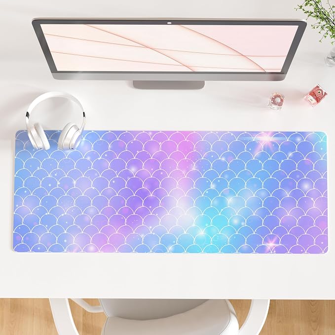 QiyI PU Leather Large Mouse Pad, 31.5" x 11.8", Gradient Fish Scales | Desk Décor Accessories, Extended Size, Waterproof & Easy to Clean, Smooth Surface, Non Slip Desk Organization