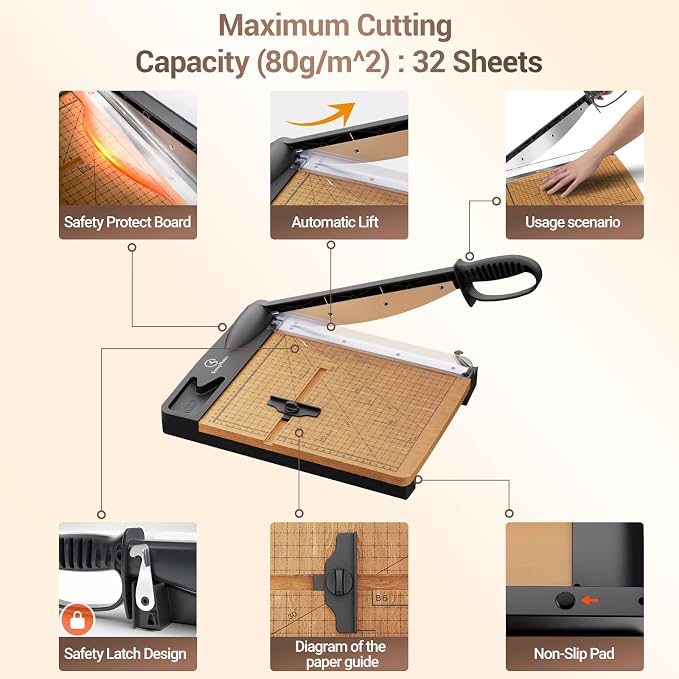 12 Inch Heavy Duty Paper Cutter, Wood Guillotine Paper Trimmer | 30 Sheets Capacity Paper Cutting Board for Classroom, Crafting, Cardstock,School Black