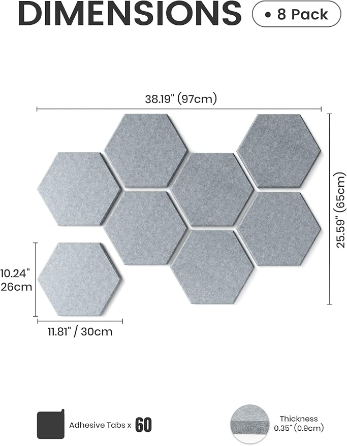 Fluxynara 8-Pack Hexagon Felt Bulletin Board Tiles, Blue Gray-1 | Cork Board Alternative with 50 Adhesive Tabs for Notes, Photos and Reminders in Home Offices, Dorm and Classrooms