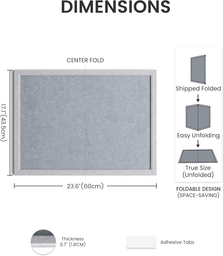 Fluxynara 23.6" x 17.1" Felt Frame Bulletin Board, Blue Gray | Cork Board Alternative with 12 Removable Adhesive Tabs, Foldable Pin Board for Wall, Home, Office, Classroom & Dorm