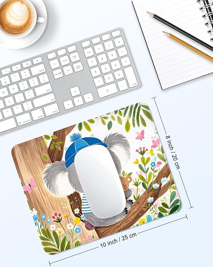 Mouse Pad, Cute Mouse Mat, 10" x 8", Cute Koala and Bear | Square Waterproof Gaming Computer Mat, Textured Top, Stitched Edges, Non-Slip Rubber Base for Office Home Laptop Keyboard