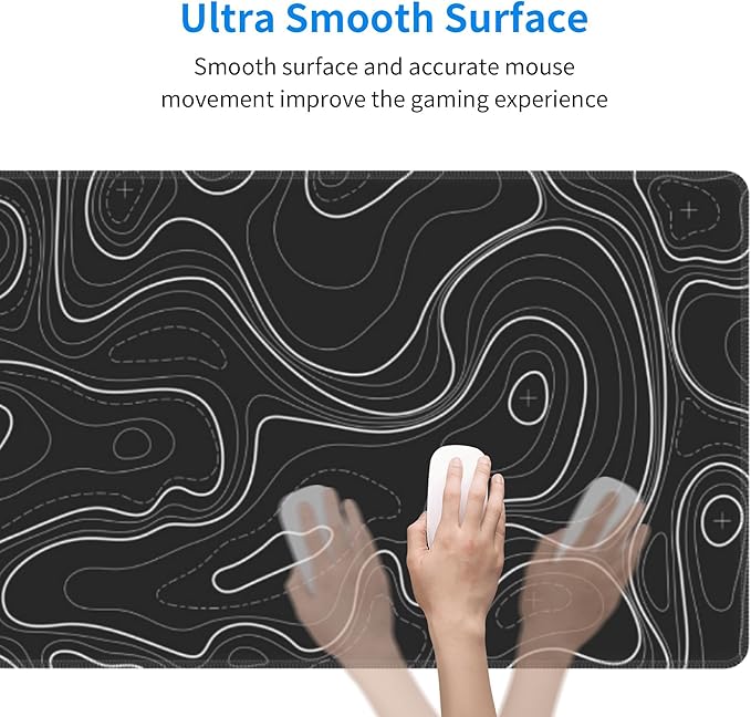 Large Gaming Mouse Pad Black Topographic Contour Mouse Pad Extended XL Long Mousepad Big Desk Mat with Stitched Edges & Nonslip Rubber Base for Company Office Work, 31.5 X 11.8 Inch