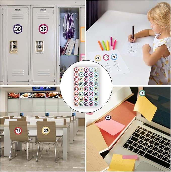 1000 Pcs Number Stickers 1-40,25 Sheets Round Dot Consecutive Number Self-Adhesive Stickers Erasable for Office,School,Storage,Organizing