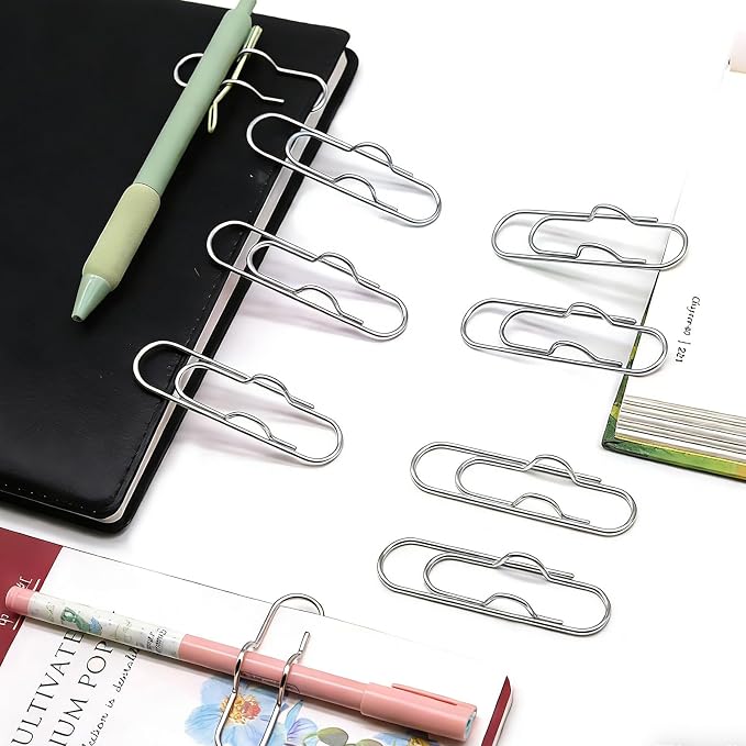 HINGTAI 12Pcs Pen Holder Clips - Metal Pen Holding Paper Clips for Notebooks, Multi-Functional Bookmark & Card Holder for Desk Organization, Decorative Pencil Clip Organizer