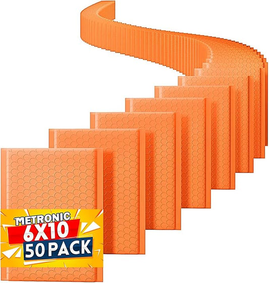 Metronic Bubble Mailers 6x10 Inch 50 Pack, Bubble Envelopes, Self-Seal Waterproof Shipping Bags, Padded Envelopes for Shipping, Packaging for Business, Orange Bulk #0, Bubble Mailers Usable Size 6x9