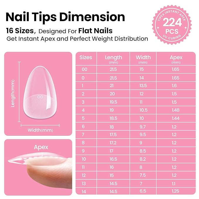 Beetles Tipex Instant Apex Nail Tips Kit with Dehydrator & Primer, Short Almond, 224PCS 16 Sizes, Reinforced Apex for Strong Long-Lasting Wear, 20g Solid Nail Glue, Mini UV Lamp, Base & Top Coat