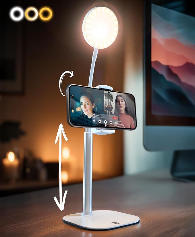 COOPER ChatStand Halo Sturdy Phone Stand for Recording with Light for Desk | 9-13" Adjustable, Weighted Base, iPhone Stand & Phone Holder, Ring Light Tripod for Video Recording, Filming, Fits all Phones