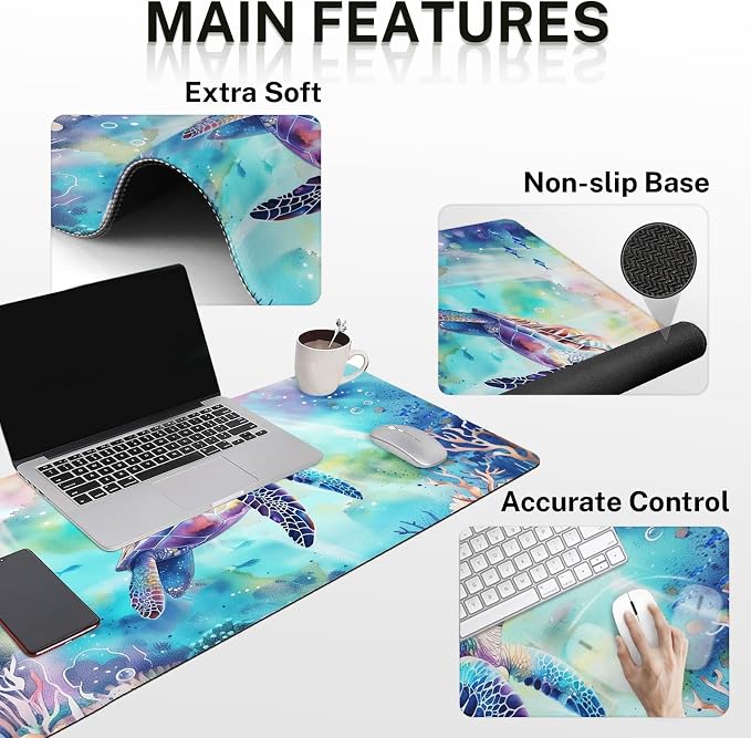 Arttown Keyboard Mouse Pad Set, 4 in 1 Desk Mat Set Sea Turtle | Sea World Animal Large Mousepad+Keyboard Wrist Rest+Mouse Wrist Rest+Coaster Ergonomic Design for Home Office Computer