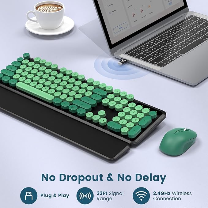 Wireless Keyboard and Mouse Combo, Round Keycaps, Full-Size Retro Typewriter Keyboard with Magnetic Wrist Rest, Tilt Legs, 2.4GHz Cordless for Mac, Windows PC, Laptop, SABLUTE CK23, Black & Green