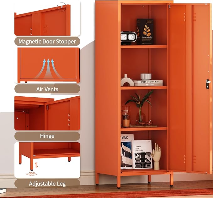 Metal Locker Storage Cabinets 59.06"H Orange Locking File Cabinets Kitchen Food Pantry Cabinet with 2 Doors and Shelves for Dining Room, Living Room,Bathroom Office,Home,Garage, Gym, School