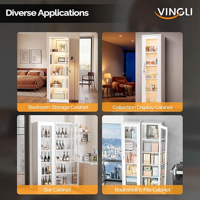 VINGLI Lockable Display Cabinet with Glass Door & 4 Adjustable Shelves, 65" Tall Metal Storage Cabinet Curio Liquor, Bookshelf Bookcase for Home Office Living Room Pantry Garage (White)