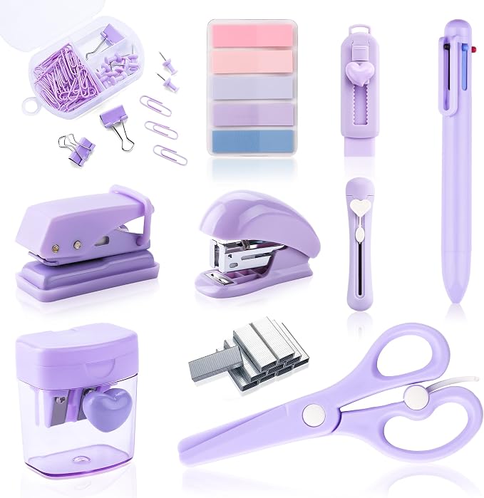 Purple Mini Office Supply Kit Mini School Supplies Desk Accessory Set Includes Mini Stapler Pencil Sharpener Staple Remover Hole Punch Ballpoint Pen Scissor Box Cutter Paper Clips Sticky Index Tabs