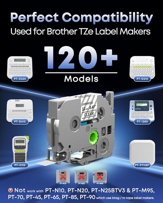 TZe TZ Tape 12mm 0.47 Laminated Clear Label Tape TZe-131 | Replace for Brother Label Maker Tape Clear TZe131 TZ-131 for Brother P Touch PT-D210 PT-D220 PT-H110 PT-D400 PT-D600, 5-Pack