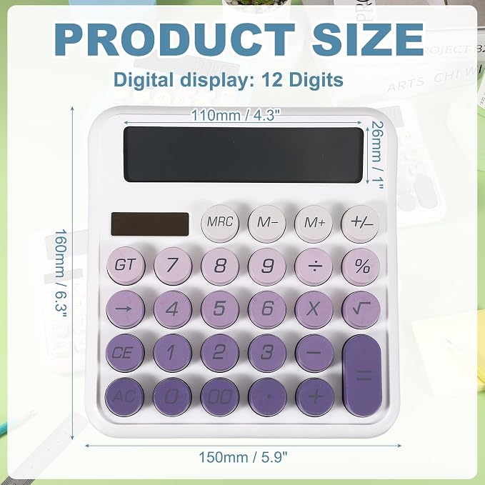 PATIKIL Cute Calculator, Desk Calculator Basic Big Button 12 Digit Large Display Mechanical AAA Battery Solar Power for Office Supplies Girl Female Woman Gift, Gradient Purple