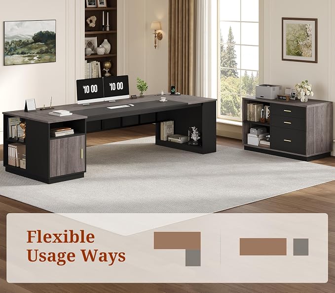 78.7" L Shaped Executive Desk with Lateral File Cabinet, Extra Large Office Desk with Drawers & Power Outlets, Modern Corner Computer Desk with Storage Shelves, Business Furniture, Grey