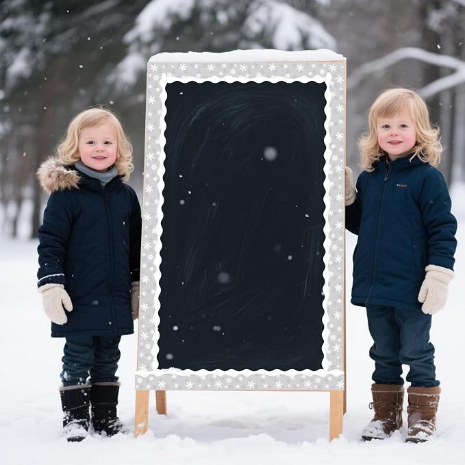 BeYumi Winter Snowflake Border Trim - 65ft Winter Christmas Gray Snowflake Scalloped Rolled Border Trim Xmas Snowflakes Themed Bulletin Board Borders School Classroom Office Chalkboard Party Decor