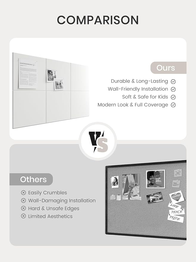 Bumusty 36"x 24" Large Felt Bulletin Board Tiles, Milky White | 6-Pack Cork Board Alternative, Wall Decor, 30 Pushpins, 30 Adhesive Tabs, Vision Board, Office, Classroom, Home, Dorm