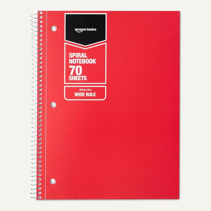 Amazon Basics Wide Ruled Spiral Notebooks, 70 Sheets, 7-1/2" x 10-1/2", Perforated, Assorted Primary Solid Colors, 3 Pack