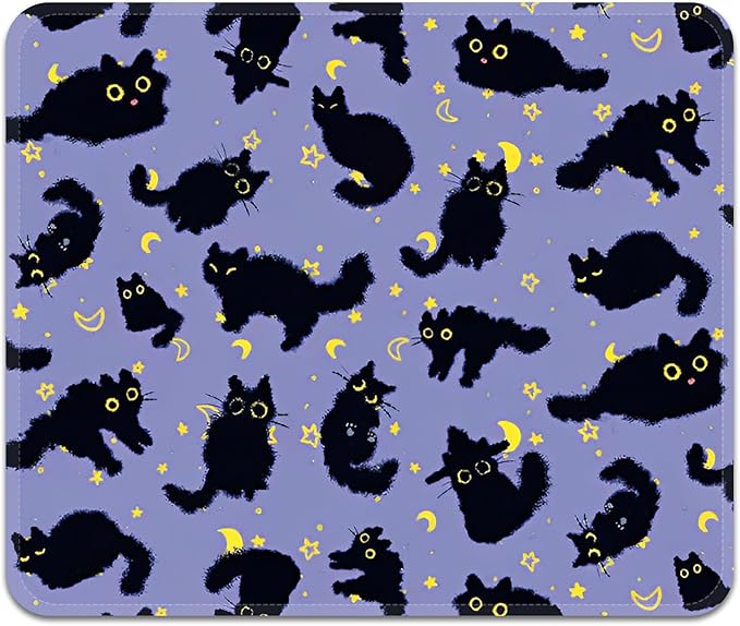 Mouse Pad with Stitched Edges - Cat Night Sky Mousepad for Women, 9.25 x 7.75 inch Washable Square Desk Pad, Non-Slip Rubber Base, Office Home Laptop Accessories - Moonlight Cats