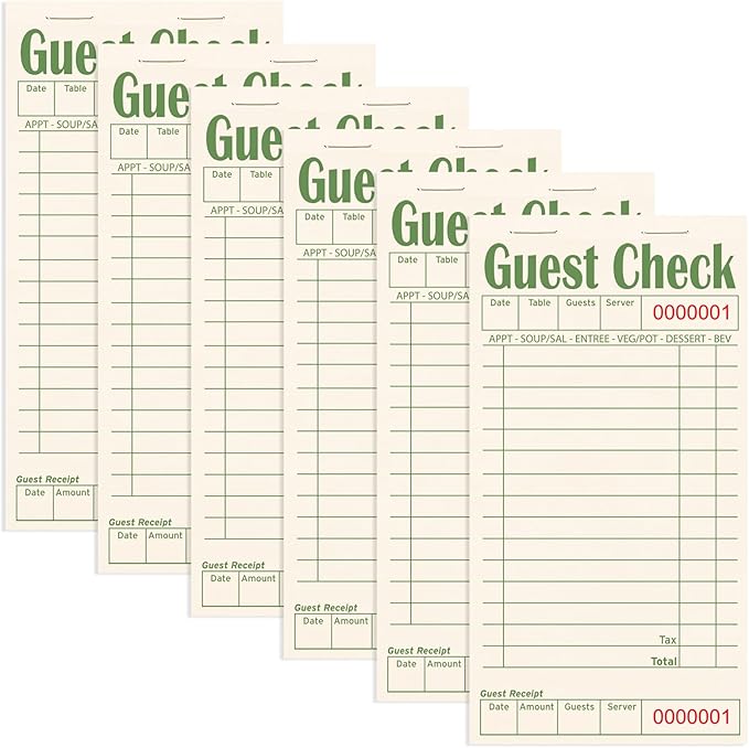 Guest Checks Books for Servers, Server Note Pads, 6 Pack, Natural Color Paper, Waitress Notepad for Restaurants, Waitress Accessories, 300 Sheets, Green