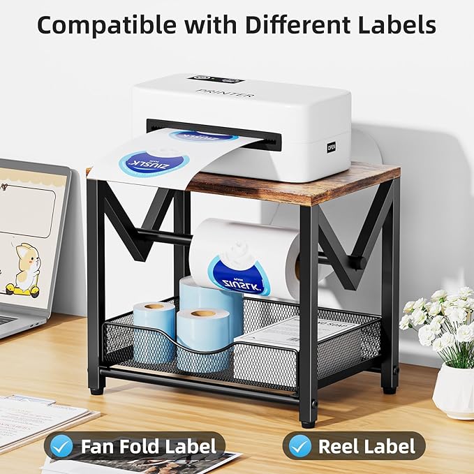 Marbrasse Label Holder for Rolls and Fanfold Labels, Wood Label Printer Holder with Drawer, Shipping Label Stand for Thermal Printer, Sticker Roll Holder for Home, Office, Small Business, Wood Brown