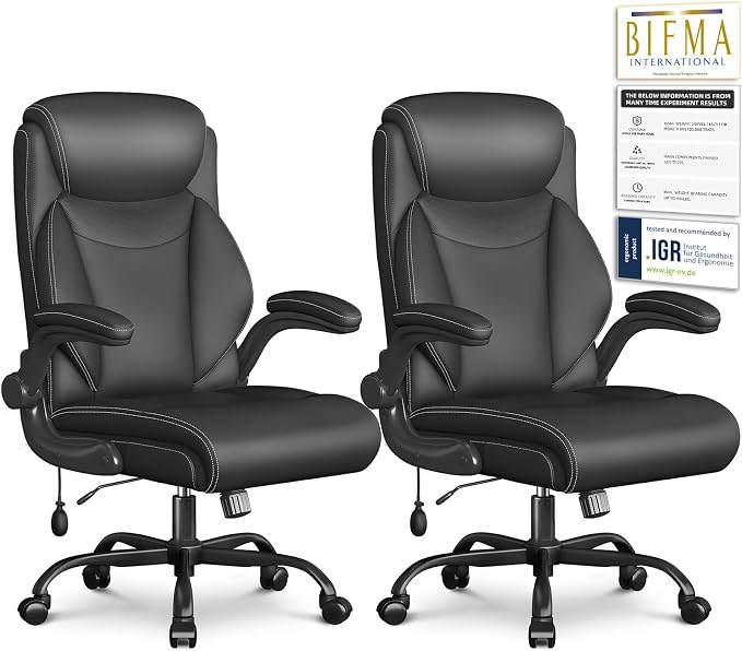 Ergonomic Office Chair, Big and Tall Office Chair, Executive Chair- Padded Leather Comfy Chair with Adjustable Lumbar Support & Flip-Up Arms, Rocking Swivel Chair for Home Office,Black
