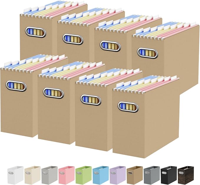 Portable Collapsible Cardboard File Box with Handle for Letter-Size | 8-Pack. Stainless Steel Handle. Label Stickers Included. Fits Letter Folders (Not Included). Home, Office, School, Dorm, Tax.