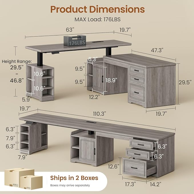 SEDETA Farmhouse L Shaped Standing Desk with Storage for Home Office (Grey) | 63" x 67" Height Adjustable Executive Desk, L Shaped Desk, Computer Desks with Power Outlet