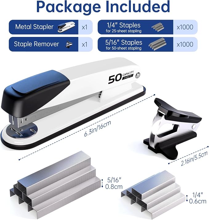 Metal Stapler Heavy Duty - 50 Sheet Capacity with 2000 Pieces 1/4", 5/16" Staples and Staple Remover, No Jam, Non-Slip, Stapler Heavy Duty for Desk, Classroom and Office, White