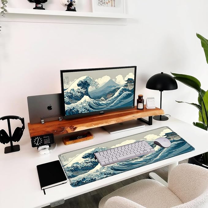 Kanagawa Wave Surfing Mouse Pad, Large Great Mount Fuji 31.5"x11.8" | Japanese Sea Anime Desk Mat, Sewn Edges, Microwoven Fabric,Easy to Clean, Suitable for Laptop Gaming