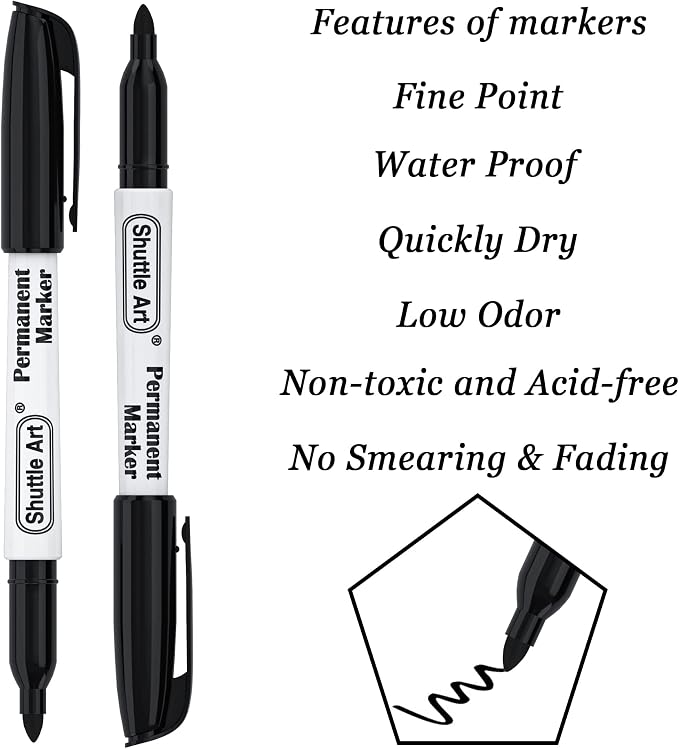 Shuttle Art Permanent Markers, 30 Pack Black Permanent Marker set, Fine Point, Works on Plastic, Wood, Stone, Metal and Glass for Doodling, Marking