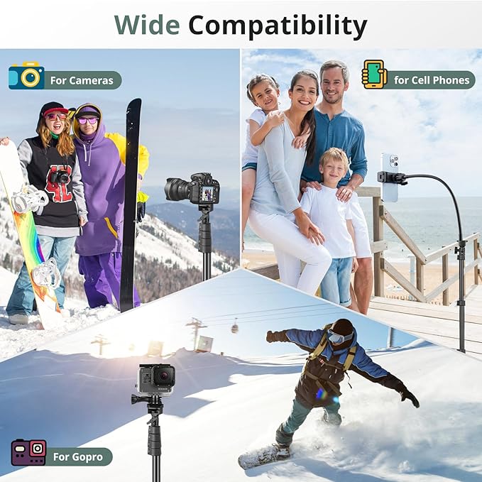 Sensyne 92" Cell Phone Tripod, Selfie Stick Tripod with 16.5" Flexible Gooseneck, Overhead Phone Stand for Video Recording, Photography, Compatible with Phone, Camera