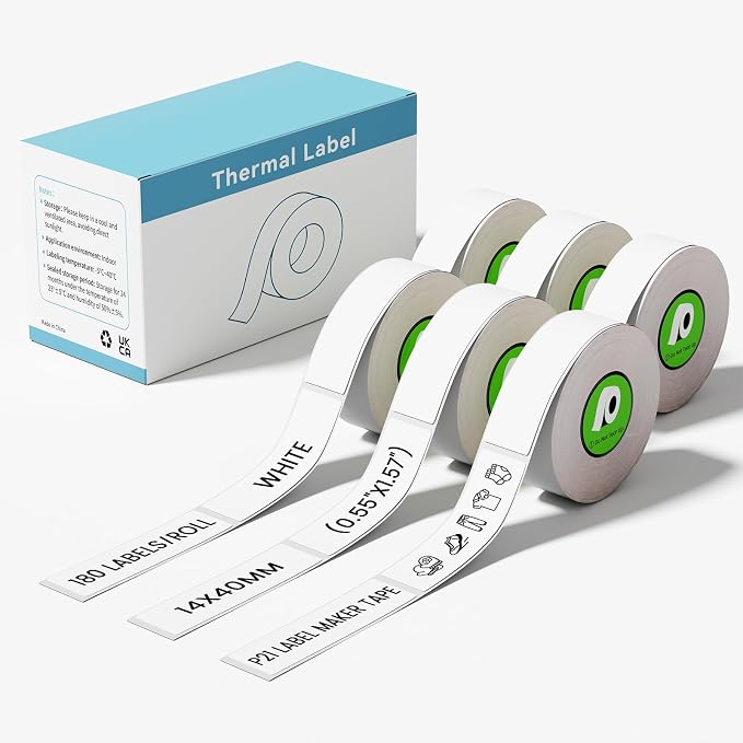 6 Replace for Nelko P21,NDYIN N12 Label Tape | Compatible with Nelko P21,ORGSTA S001,ORGBRO X1,NDYIN N12 Label Maker Tape, 14x40mm (0.55"x1.57") , 180 Labels/Roll, White
