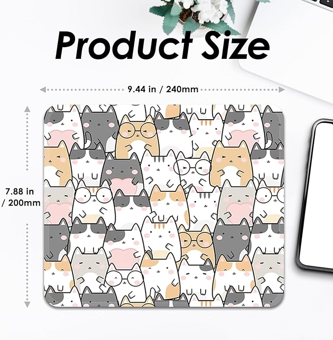 Mouse Pad with Stitched Edges - Cute Cat Mousepad for Women, 9.25 x 7.75 inch Washable Square Desk Pad, Non-Slip Rubber Base, Office Home Laptop Accessories - Cute Cats