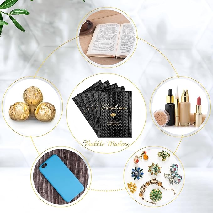 Kosiz 100 Pcs Bubble Mailers Thank You Padded Shipping Envelopes Poly Waterproof Mailing Envelopes Self Adhesive Bags for Small Business Clothing Boutique Jewelry Package (Black,4"x7")