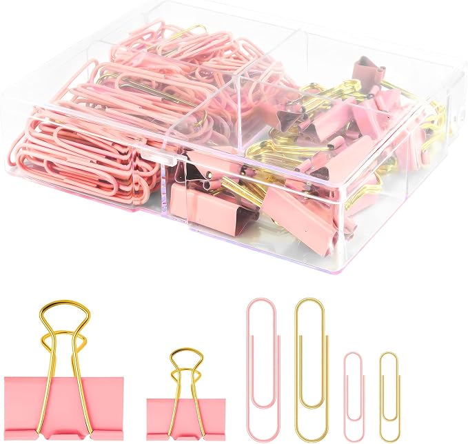 Paper Clips and Binder Clips Set, Pink & Gold, Assorted Size Clips | 165-Piece Decorative Paper Clip Set, Cute Desk Accessories for School, Home, Office, Desk, Planners and Documents
