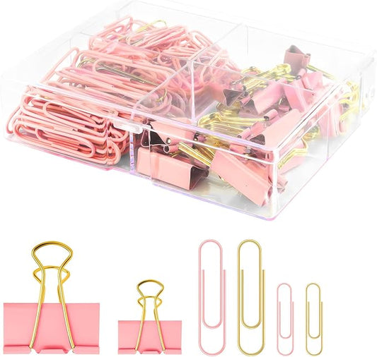 Cute Paper Clips Binder Clips Combo Set, 165 Psc, Assorted Size Paper Clips for Office, Cute Office Supplies Set, Pink
