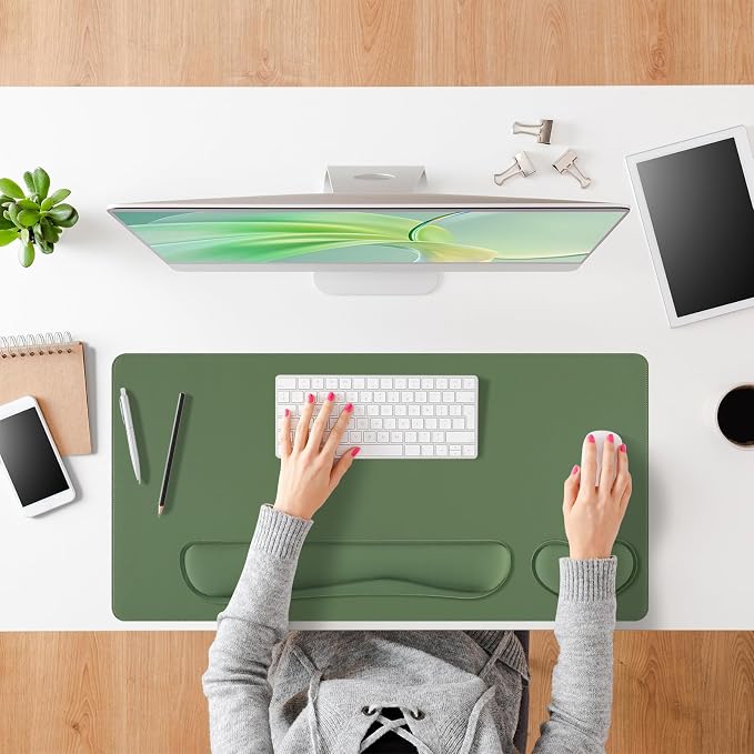 Green Leather Desk Pad and Keyboard Wrist Rest, 31.5"x15.7" | 3in1 Mouse pad + Keyboard Wrist Rest + Mouse Wrist Rest, Non-Slip Waterproof Desk Writing Pad for Office and Home