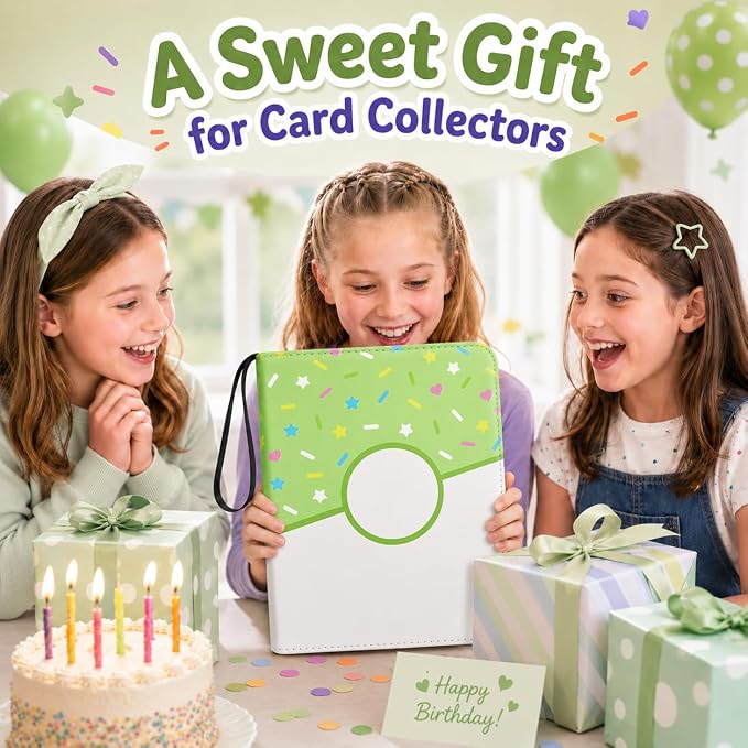 9 Pocket Card Binder 900 Card Holder Album, Green Donut Trading Cards Holder Zipper Binder for Girl Teen Collection (Green Donut, 900 Pocket)
