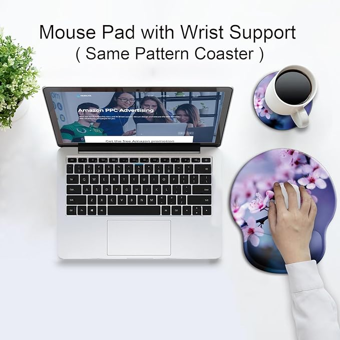 Ergonomic Mouse Pad with Wrist Support Rest,Large Mousepad Gel Wrist Rest, with Coaster Non-Slip & Pain Relief for Computer, Desk, Home&Office-Cherry Blossom