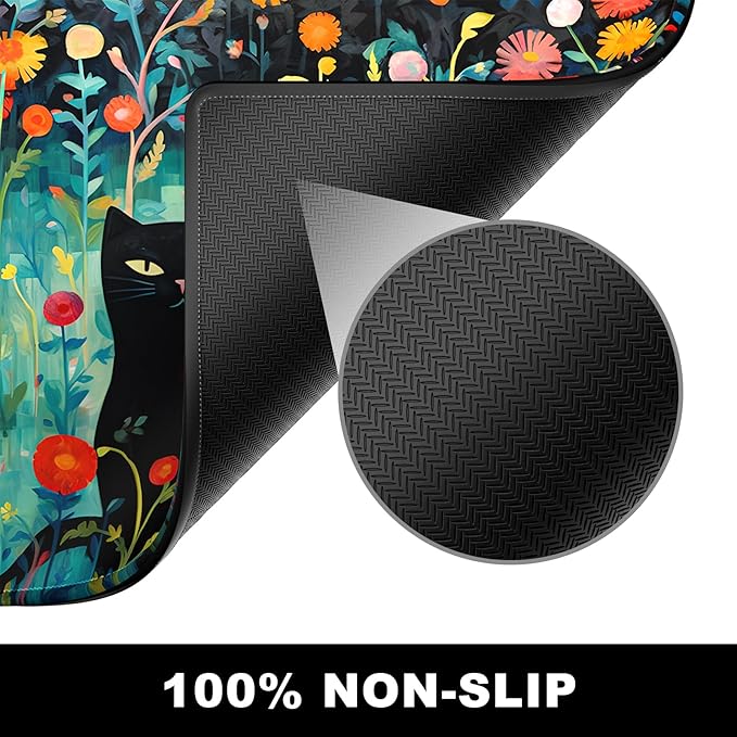 BOSOBO Large Desk Mat, XXL Gaming Mouse Mat, Full Cover Desktop 31.5 x 11.8 Inches, Black Cat GreenFolwers