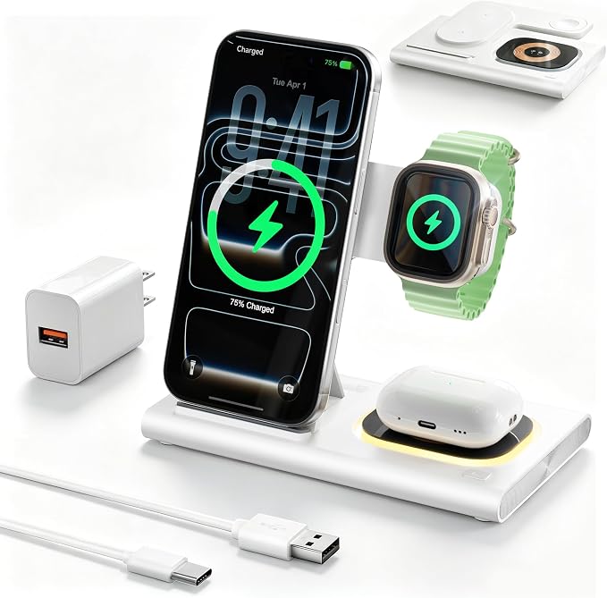 3 in 1 Foldable Wireless Fast Charging Station for Apple Multiple Devices | iPhone Charging Station for iPhone 17, Travel iWatch Charger Stand, Light Nightstand Charging Dock for Apple Watch/Airpods