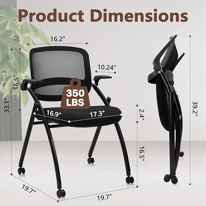 CLATINA Stackable & Foldable Conference Chair with Wheels, Ergonomic Mesh Back, 300lbs Capacity, Breathable Padded Seat, Adjustable Armrests, Office Chair for Reception, Training, Home, Black, 20PK