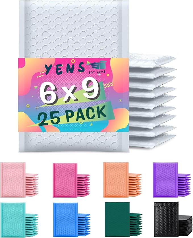 Yens Poly Bubble Mailers 6x10 25 Pack White Waterproof Self Seal Adhesive Shipping Bags, Cushioning Padded Envelopes for Shipping, Mailing, Packaging Usable 6x9