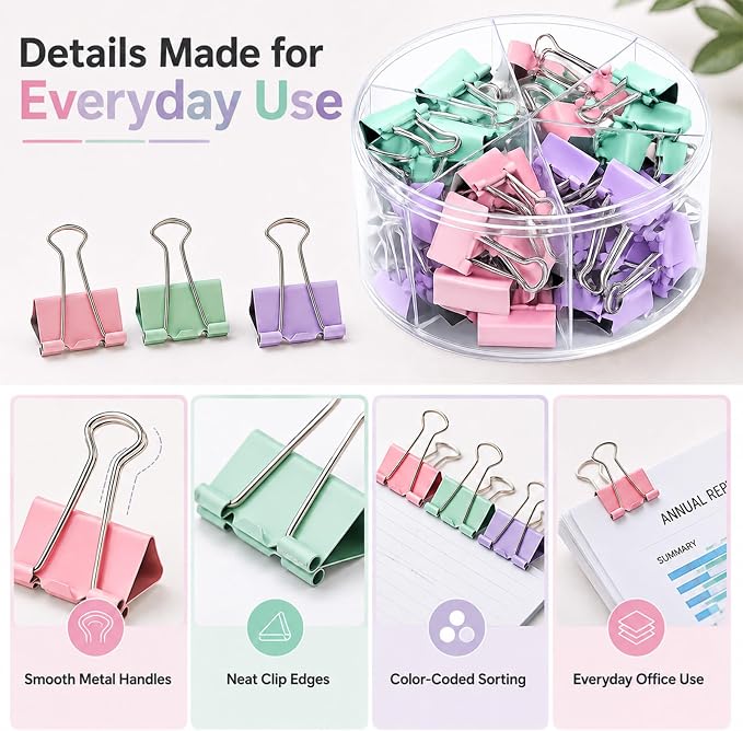 Binder Clips Assorted Sized, Metal Clips for Office, 120 Psc | 2 Box of Colored Paper clips and Binder Clips, Cute Office Supplies, Desk Accessories, Black, Pastel Color