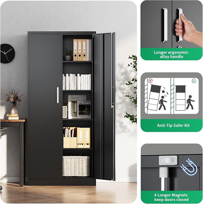 Metal Storage Cabinet with Locking Doors, 71" Tall Steel Locker Organizer with Adjustable Shelves, Garage Utility Cabinet for Home, Office, Shop, and School