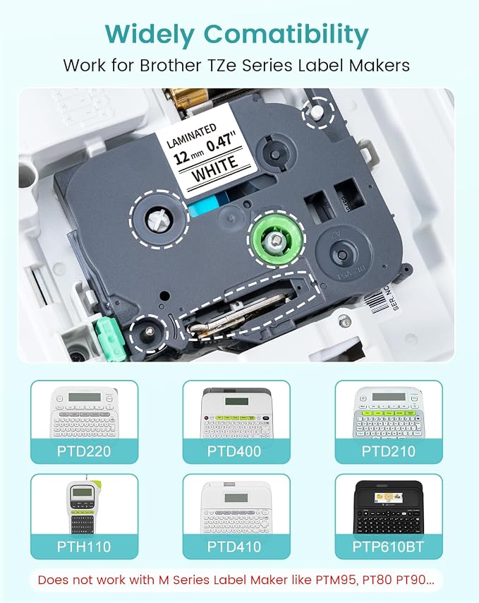 Label Maker Tape 12mm 0.47 White TZe-231 Compatible Brother P Touch Label | for PTD210 PTH110BP PT-D610BT PTH111 PT-D410 PT-D210SV PT-D460BT TZe TZ Ptouch Refills, 0.47 In(12 mm) x 26.2 Ft, 4-Pack