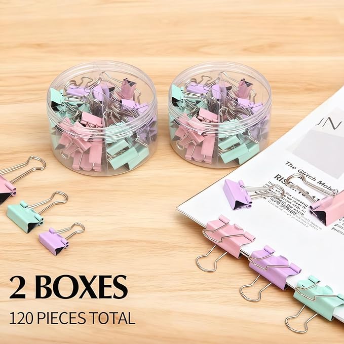 Binder Clips Assorted Sizes, Durable Metal Binder Clips for Office, Cute Desk Supplies for Teachers Student (120, Morandi)
