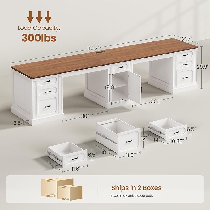 SEDETA Farmhouse 110.3" Two Person Desk with 7 Drawers, Long Computer Desk with Storage Cabinet, 2 Person Desk with Power Outlets for Home Office, White+Brown