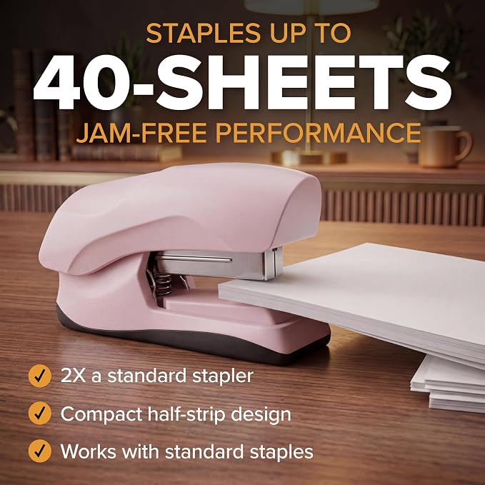 Bostitch Heavy Duty Stapler Value Pack, 40 Sheet Capacity, Pink | Half-strip, flat-clinch design opens fully for tacking bulletin boards; includes a staple remover and 5,000 staples.